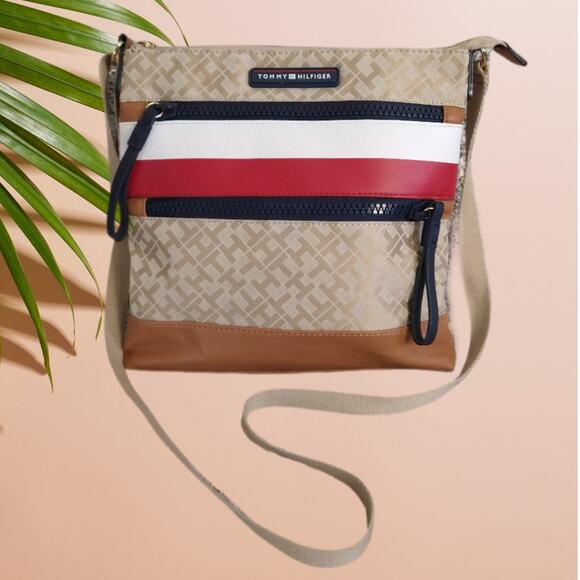 Tommy Hilfiger Triple Zip Crossbody Bag Beige Red White Navy Pre-Owned - Picture 1 of 12